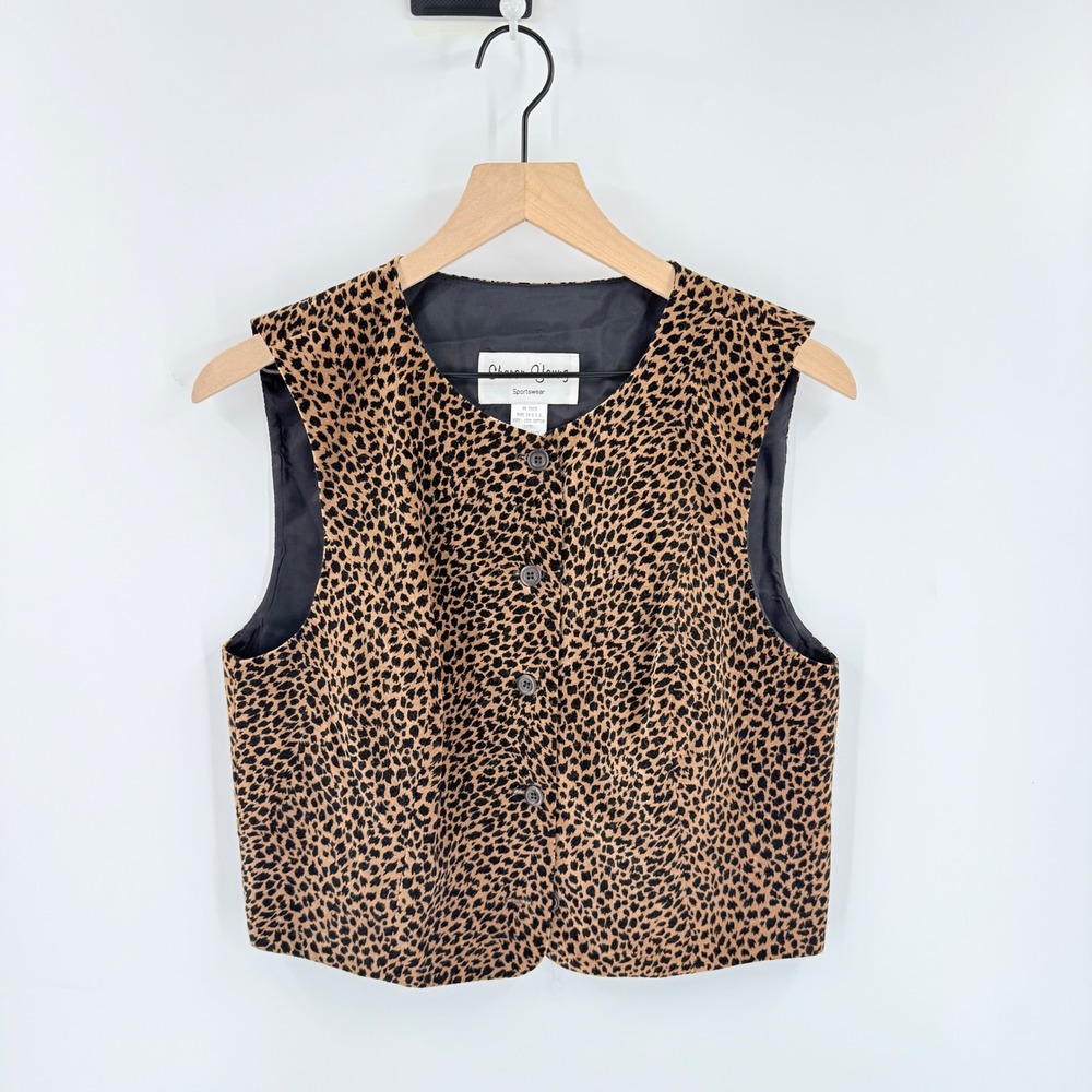 Sharon Young Sportswear Vest Brown 8 Leopard Print Vintage Button Up Cotton